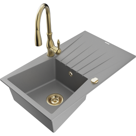 Mexen Cesar 1-bowl granite sink with drainer and Savita kitchen tap, grey - 6514-71-672601-50