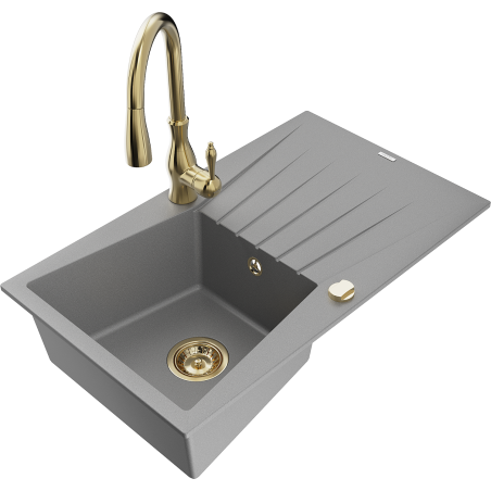 Mexen Cesar fregadero de cocina de granito de 1 seno con escurridor y grifo de cocina Savita, gris - 6514-71-672601-50