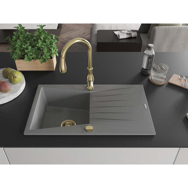 Mexen Cesar fregadero de granito de 1 cubeta con escurridor y grifo de cocina Savita, gris - 6514-71-672601-50