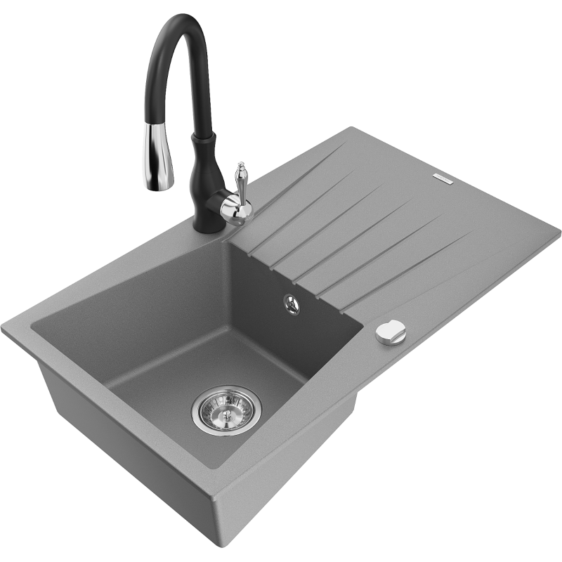 Mexen Cesar fregadero de granito de 1 cubeta con escurridor y grifo de cocina Savita, gris - 6514-71-672601-70