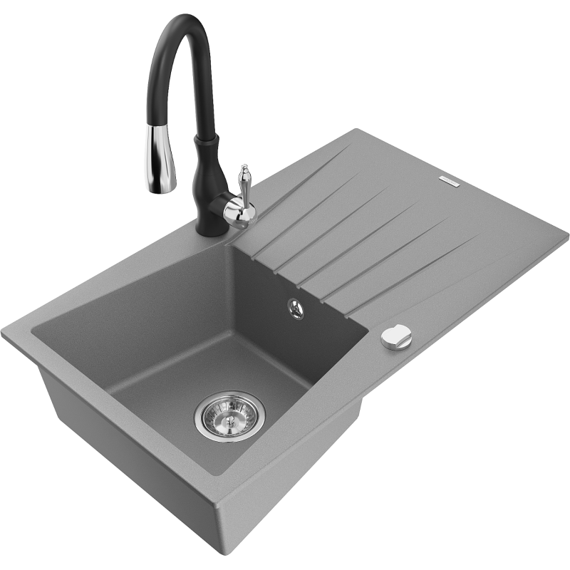 Mexen Cesar lava-loiça em granito com 1 cuba, escorredor e torneira de cozinha Savita, cinza - 6514-71-672601-70