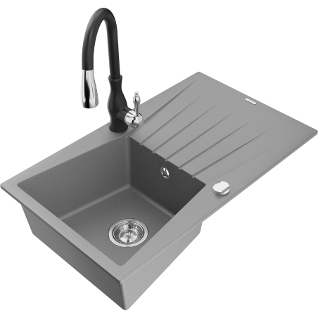 Mexen Cesar fregadero de granito de 1 cubeta con escurridor y grifo de cocina Savita, gris - 6514-71-672601-70