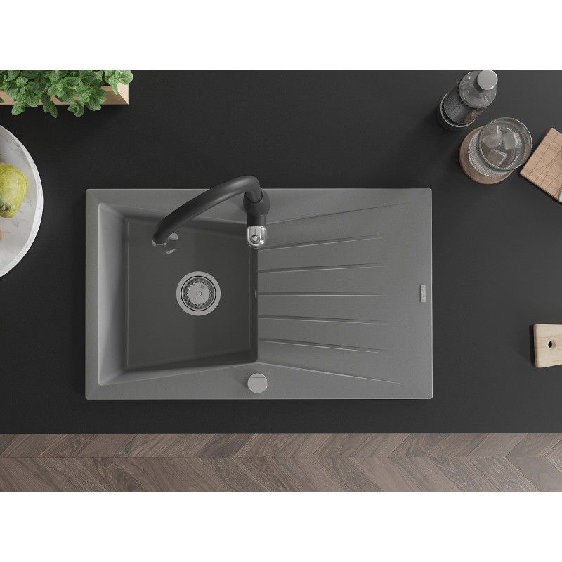 Mexen Cesar granite sink 1-compartment with drainer and Savita kitchen tap, grey - 6514-71-672601-70