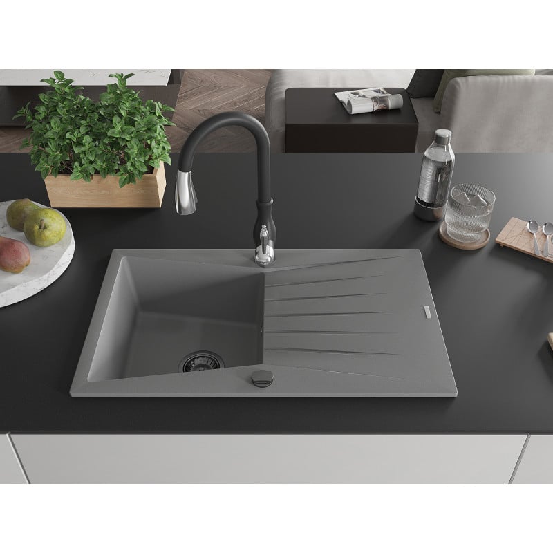 Mexen Cesar granite kitchen sink 1-bowl with drainer and Savita kitchen tap, grey - 6514-71-672601-70-B