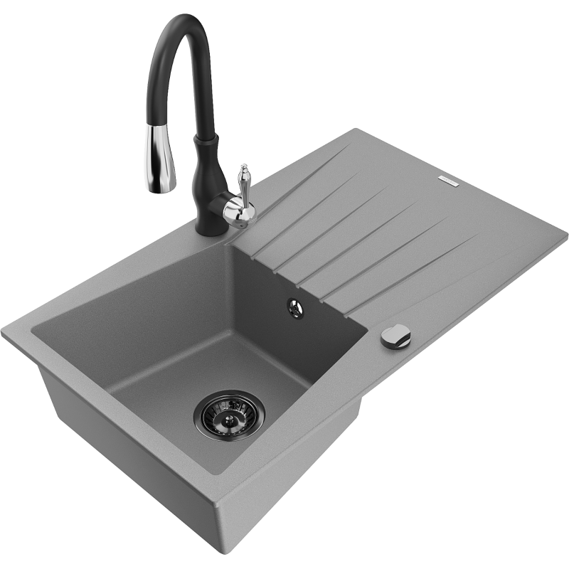 Mexen Cesar fregadero de granito de 1 cubeta con escurridor y grifo de cocina Savita, gris - 6514-71-672601-70-B