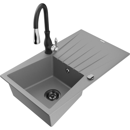 Mexen Cesar 1-bowl granite sink with drainer and Savita kitchen faucet, gray - 6514-71-672601-70-B