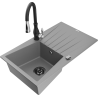 Mexen Cesar granite kitchen sink 1-bowl with drainer and Savita kitchen tap, grey - 6514-71-672601-70-B