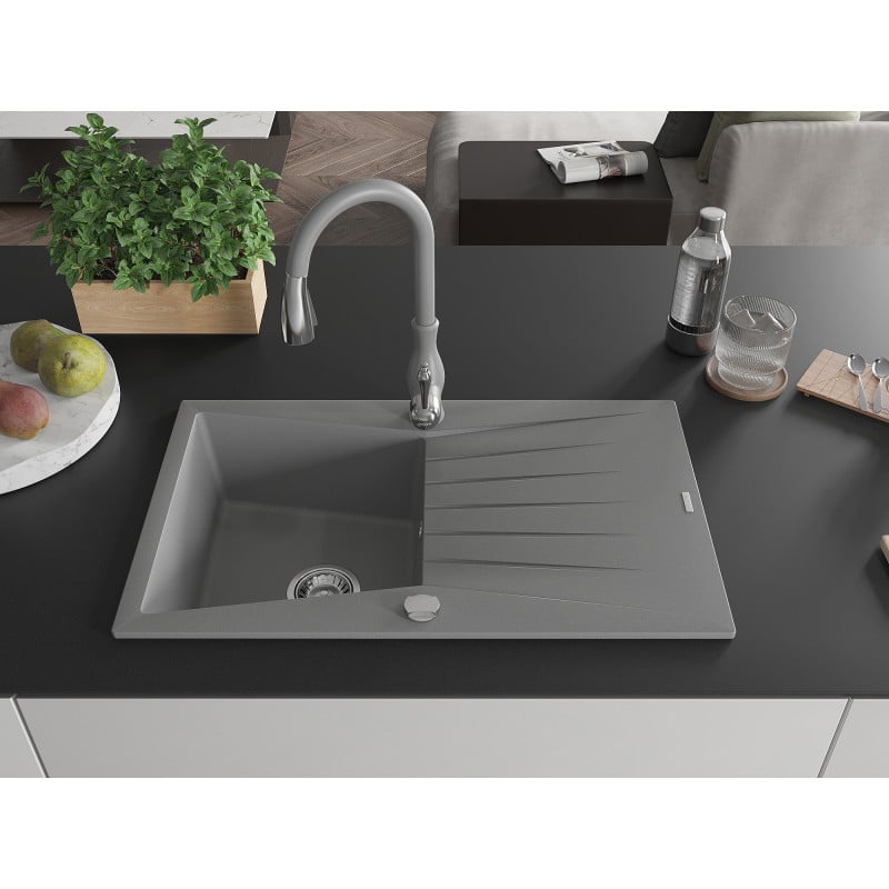 Mexen Cesar 1-bowl granite sink with drainer and Savita kitchen tap, grey - 6514-71-672601-71