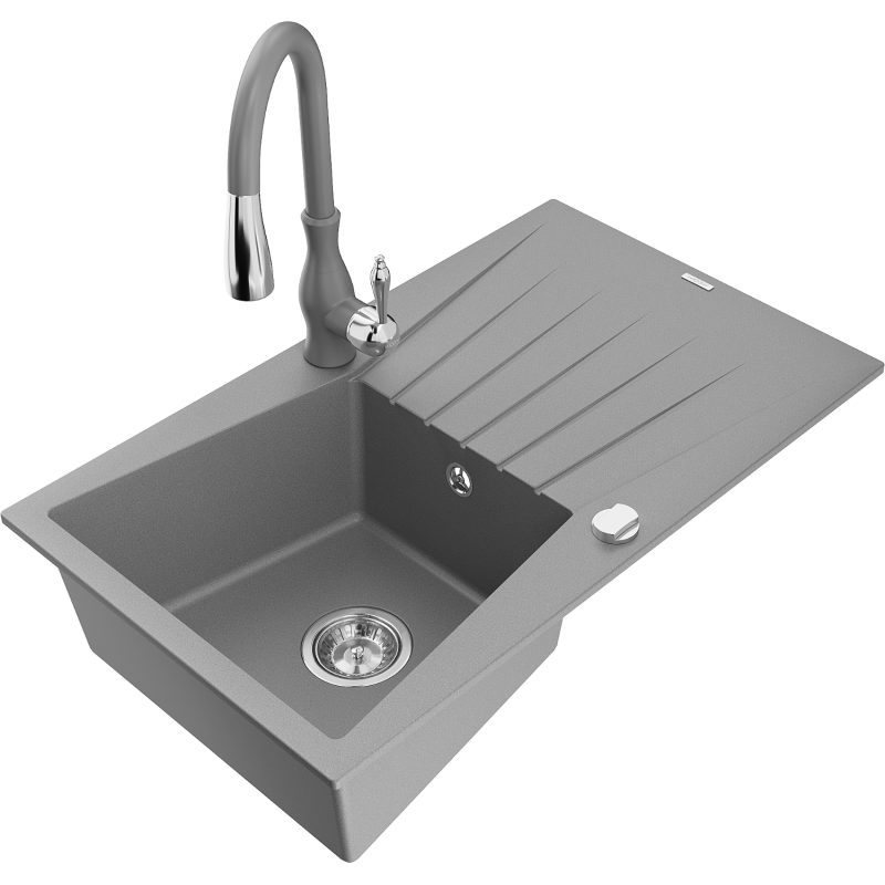 Mexen Cesar lava-loiça em granito 1-cuba com escorredor e torneira de cozinha Savita, cinza - 6514-71-672601-71