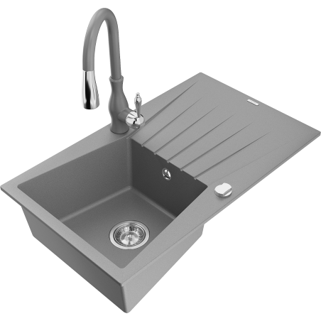 Mexen Cesar 1-bowl granite sink with drainer and Savita kitchen tap, grey - 6514-71-672601-71