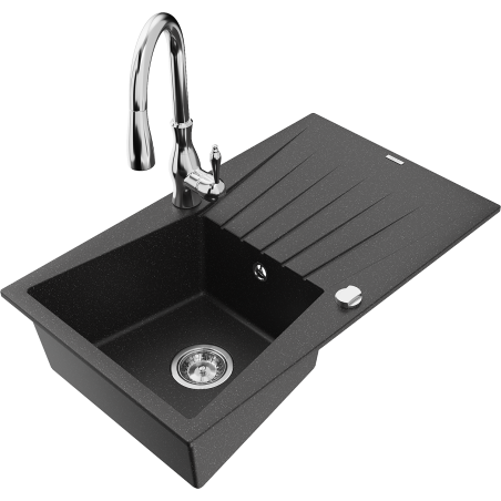 Mexen Cesar fregadero de granito de 1 seno con escurridor y grifo de cocina Savita, negro/metalizado plateado