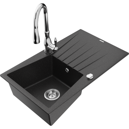 Mexen Cesar granite sink, 1-bowl with drainer and Savita kitchen tap, black/silver metallic - 6514-73-672601-00