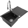 Mexen Cesar granite sink, 1-bowl with drainer and Savita kitchen tap, black/silver metallic - 6514-73-672601-00