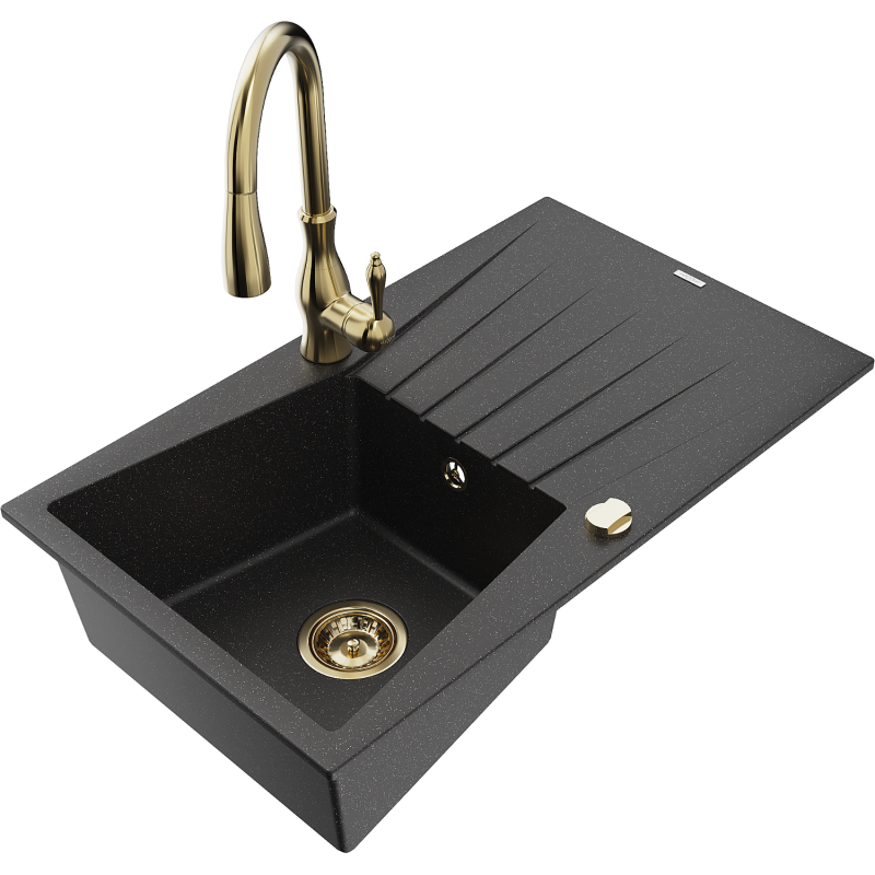 Mexen Cesar granīta izlietne ar vienu nodalījumu, ar noteku un virtuves jaucējkrānu Savita, melns/sudraba metālika