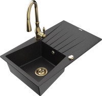 Mexen Cesar granite kitchen sink 1-bowl with drainer and Savita kitchen faucet, black/silver metallic - 6514-73-672601-50