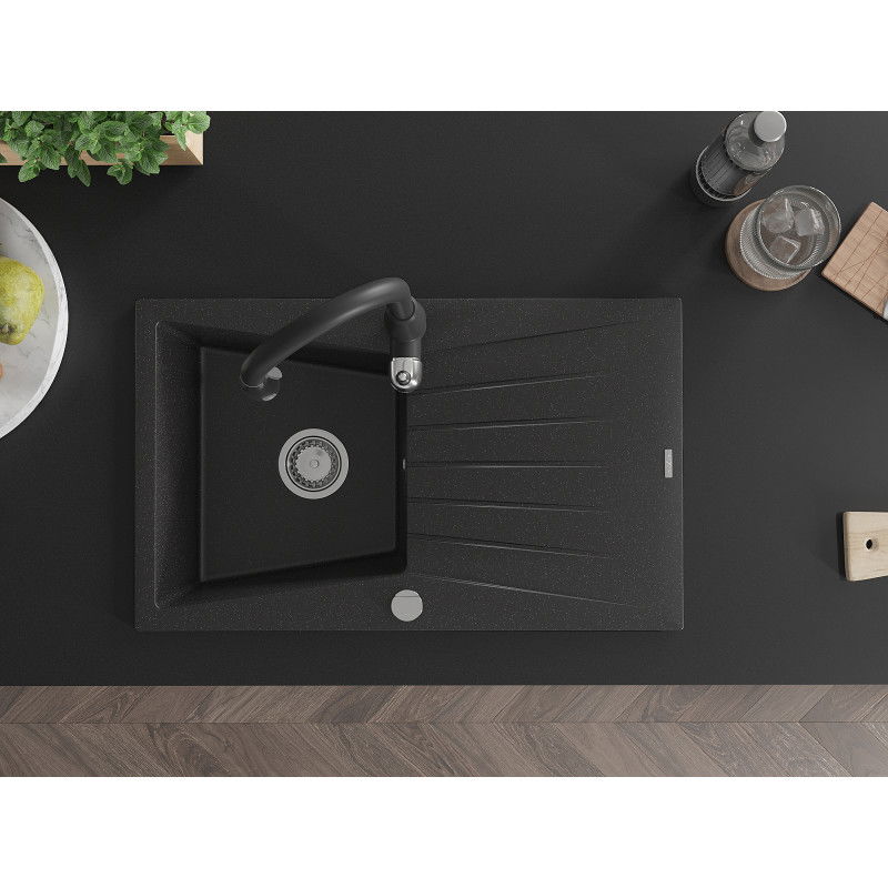 Mexen Cesar 1-Komponenten Granitspüle mit Abtropffläche und Küchenarmatur Savita, Schwarz/Silber Metallic - 6514-73-672601-70