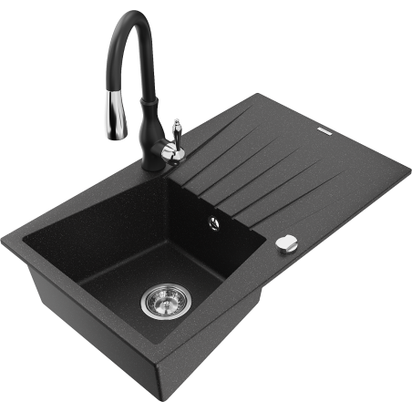 Mexen Cesar évier de cuisine en granit 1 bac avec égouttoir et robinet Savita, noir/métallique argenté - 6514-73-672601-70