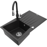 Mexen Cesar 1-bowl granite sink with drainer and Savita kitchen tap, black/silver metallic - 6514-73-672601-70