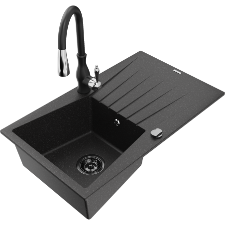 Mexen Cesar fregadero de granito de 1 seno con escurridor y grifo de cocina Savita, negro/plata - 6514-73-672601-70-B