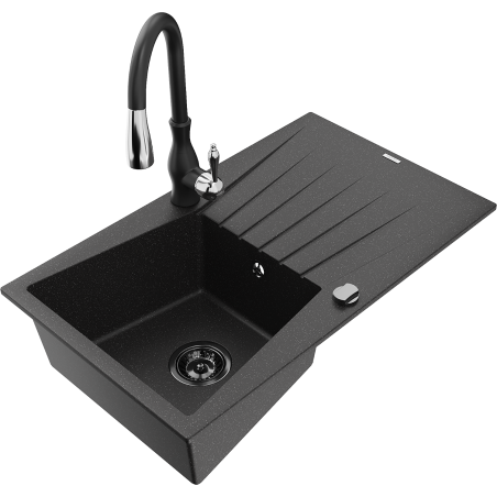 Mexen Cesar granite kitchen sink 1-bowl with drainer and Savita kitchen faucet, black/silver - 6514-73-672601-70-B