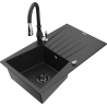 Mexen Cesar granite kitchen sink 1-bowl with drainer and Savita kitchen faucet, black/silver - 6514-73-672601-70-B