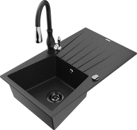 Mexen Cesar granitni sudoper s 1 komorom s ocjednikom i kuhinjskom slavinom Savita, crni/srebrni - 6514-73-672601-70-B