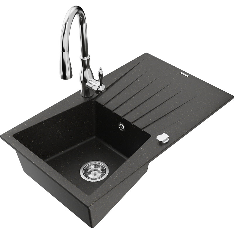 Mexen Cesar fregadero de granito de 1 seno con escurridor y grifo de cocina Savita, negro/dorado metálico - 6514-75-672601-00