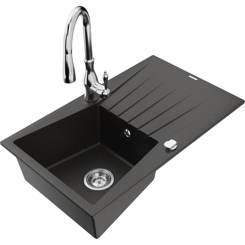 Mexen Cesar granite sink, 1-bowl with drainer and Savita kitchen tap, black/gold metallic - 6514-75-672601-00