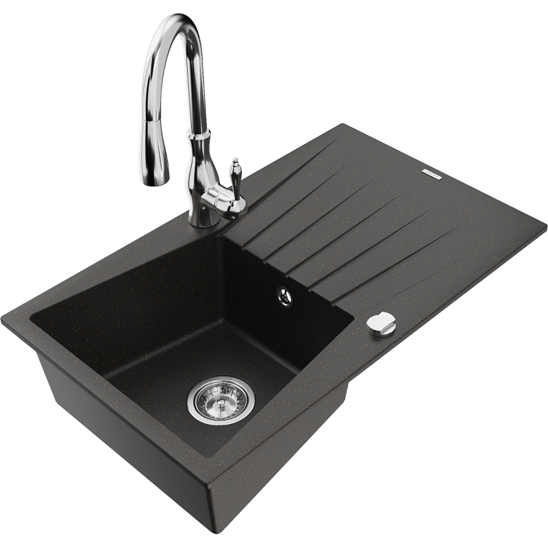 Mexen Cesar lava-loiça de granito de uma cuba com escorredor e torneira de cozinha Savita, preto/ouro metálico