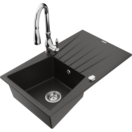 Mexen Cesar granite sink, 1-bowl with drainer and Savita kitchen tap, black/gold metallic - 6514-75-672601-00