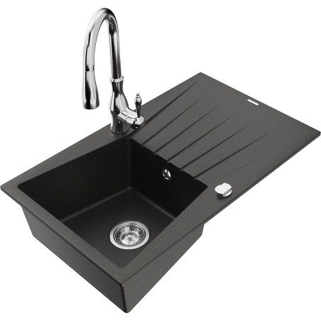 Mexen Cesar granitic kitchen sink 1-bowl with drainer and Savita kitchen faucet, black/gold metallic - 6514-75-672601-00