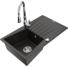 Mexen Cesar granite sink, 1-bowl with drainer and Savita kitchen tap, black/gold metallic - 6514-75-672601-00