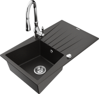 Mexen Cesar enkele granieten spoelbak met afdruiprek en keukenmengkraan Savita, zwart/goud metallic - 6514-75-672601-00