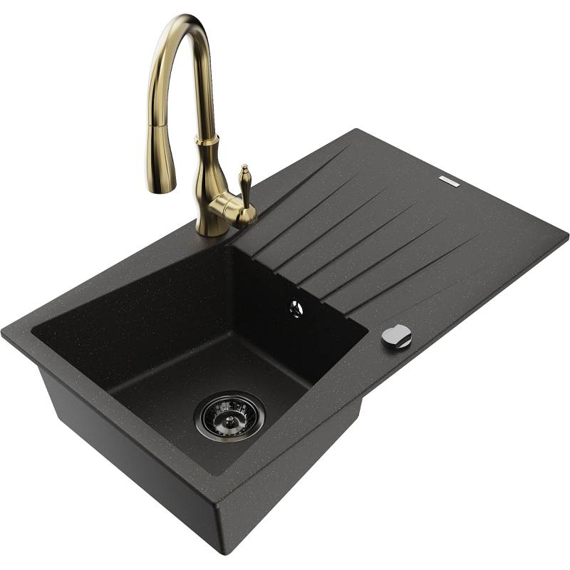 Mexen Cesar fregadero de granito 1-cámara con escurridor y grifo de cocina Savita, negro/dorado metálico - 6514-75-672601-50-B