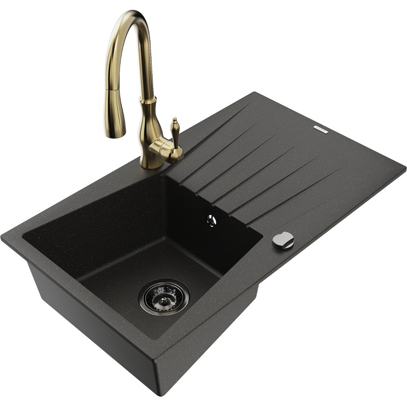 Mexen Cesar fregadero de granito de 1 seno con escurridor y grifo de cocina Savita, negro/dorado metálico - 6514-75-672601-50-B