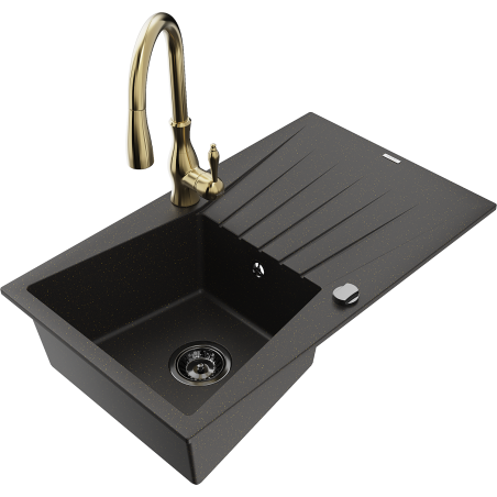 Mexen Cesar fregadero de granito 1-cámara con escurridor y grifo de cocina Savita, negro/dorado metálico - 6514-75-672601-50-B
