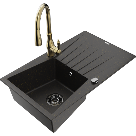 Mexen Cesar granīta izlietne ar vienu nodalījumu un notecinātāju un virtuves krānu Savita, melns/zeltīts metālisks