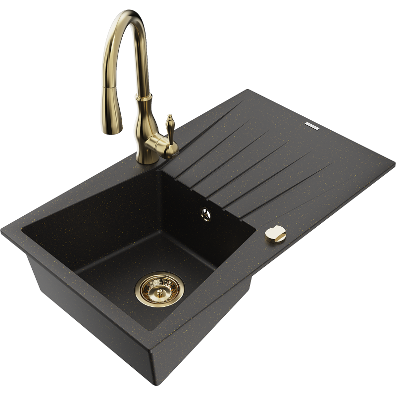 Mexen Cesar granite sink 1-bowl with drainer and Savita kitchen tap, black/gold metallic - 6514-75-672601-50