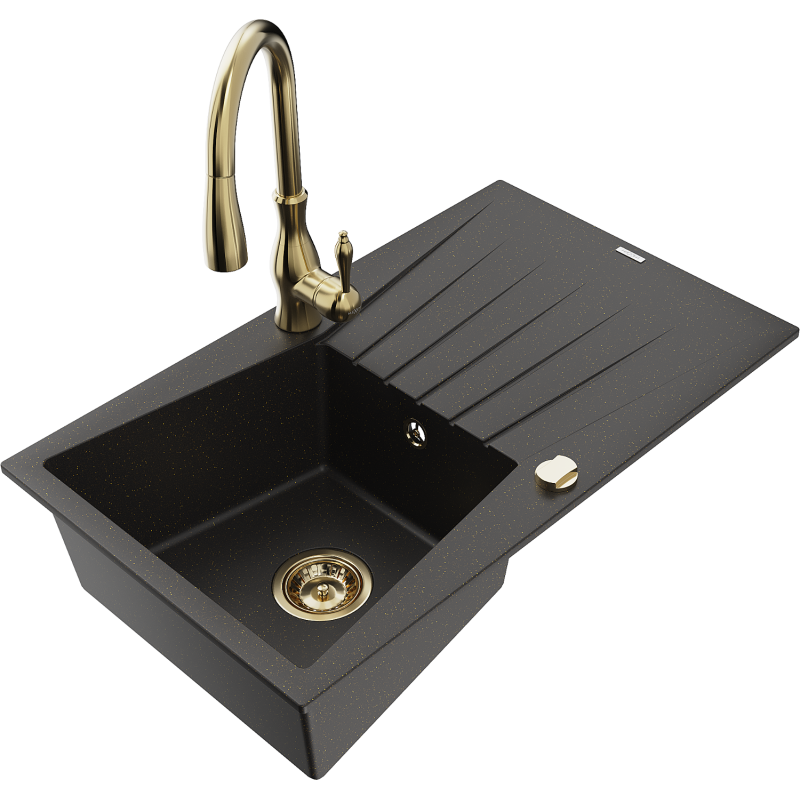 Mexen Cesar lavello da cucina in granito monovasca con sgocciolatoio e rubinetto Savita, nero/oro metallico - 6514-75-672601-50