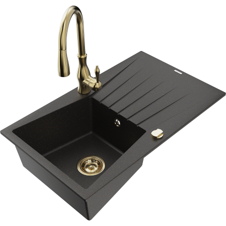 Mexen Cesar granit gootsteen 1-komor met afdruiprek en keukenkraan Savita, zwart/goud metallic - 6514-75-672601-50