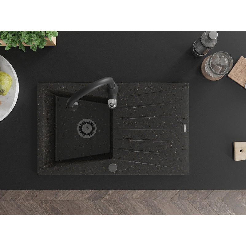 Mexen Cesar granite sink 1-bowl with drainer and Savita kitchen tap, black/gold metallic - 6514-75-672601-70-B