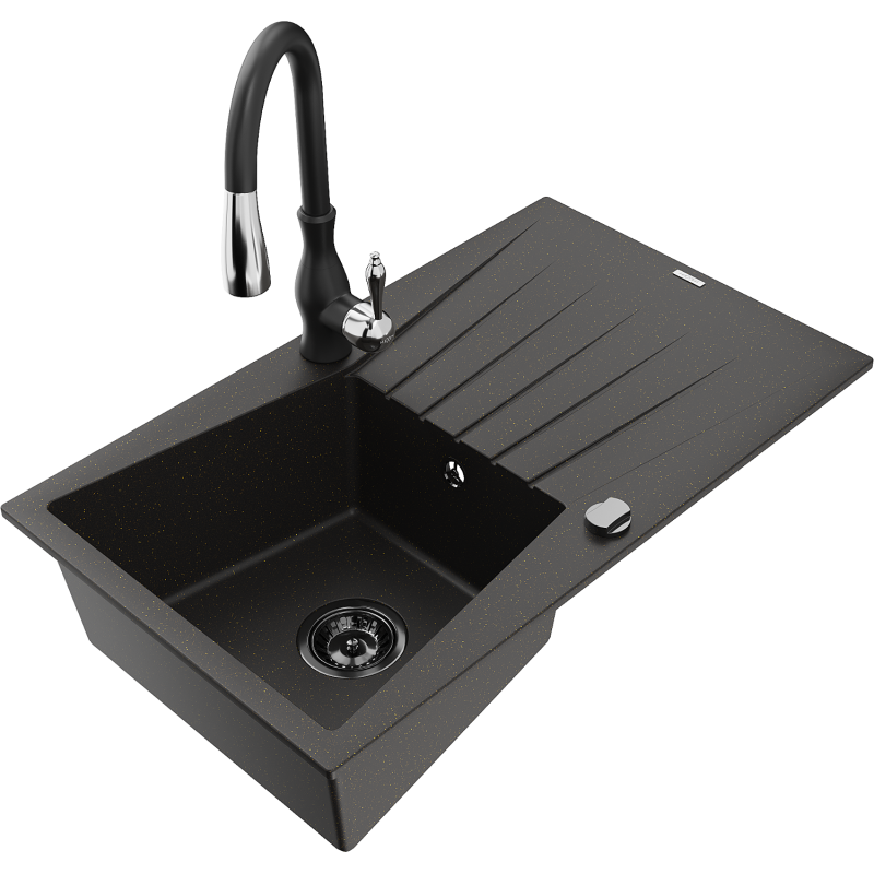 Mexen Cesar lava-loiça de granito de 1 bacia com escorredor e torneira de cozinha Savita, preto/dourado metálico