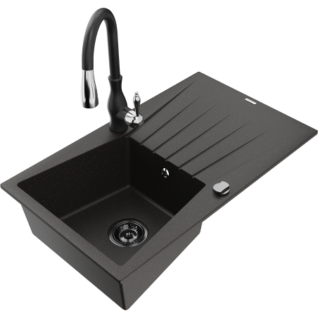 Mexen Cesar granitische 1-komora spoelbak met afdruiprek en keukenmengkraan Savita, zwart/goud metallic - 6514-75-672601-70-B
