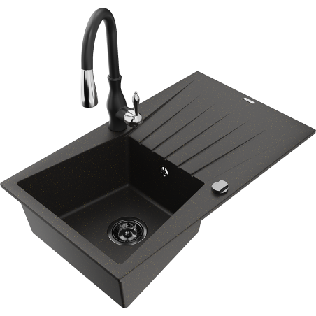 Mexen Cesar Granitspüle 1-beckig mit Abtropffläche und Küchenarmatur Savita, schwarz/gold metallic - 6514-75-672601-70-B