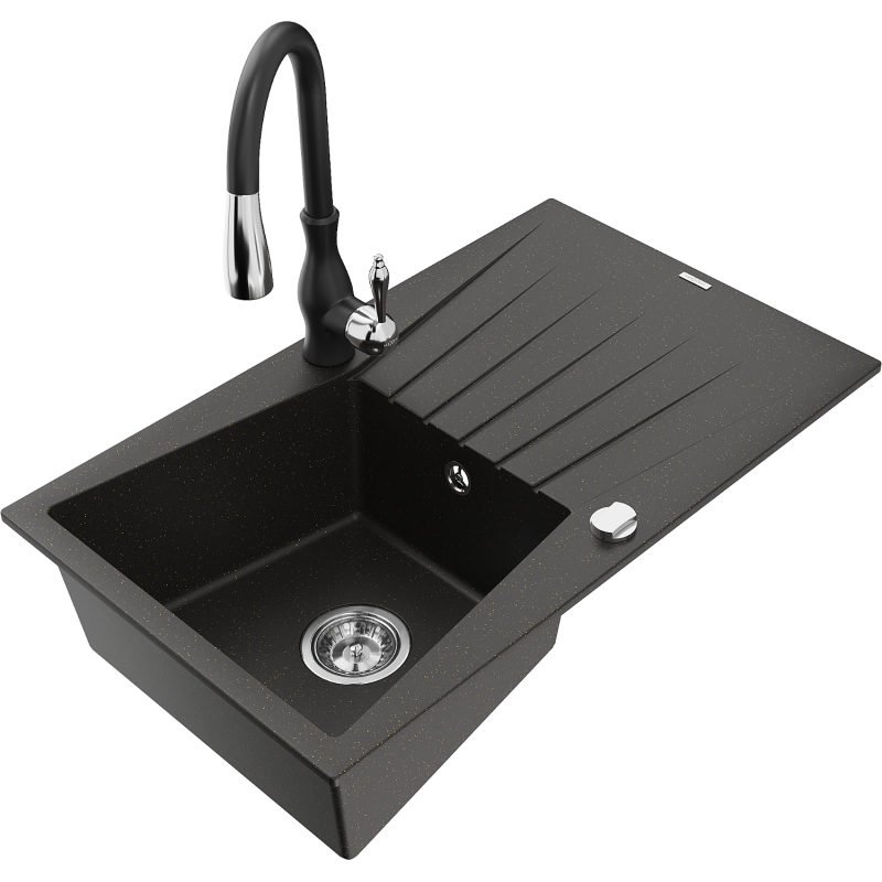 Mexen Cesar fregadero de granito de 1 cubeta con escurridor y grifo de cocina Savita, negro/metalizado dorado