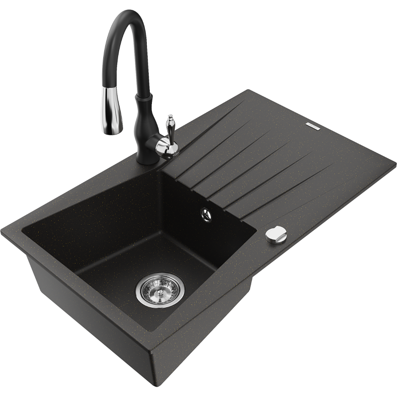 Mexen Cesar granitno pomivalno korito z 1-prekatom, s odcejalnikom in kuhinjsko pipo Savita, črna/zlat metalik