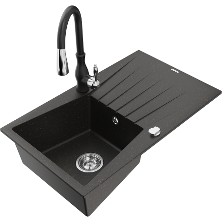 Mexen Cesar fregadero de granito de 1 cubeta con escurridor y grifo de cocina Savita, negro/metalizado dorado