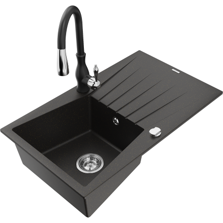 Mexen Cesar lava-louça de granito com 1 cuba com escorredor e torneira de cozinha Savita, preto/dourado metálico