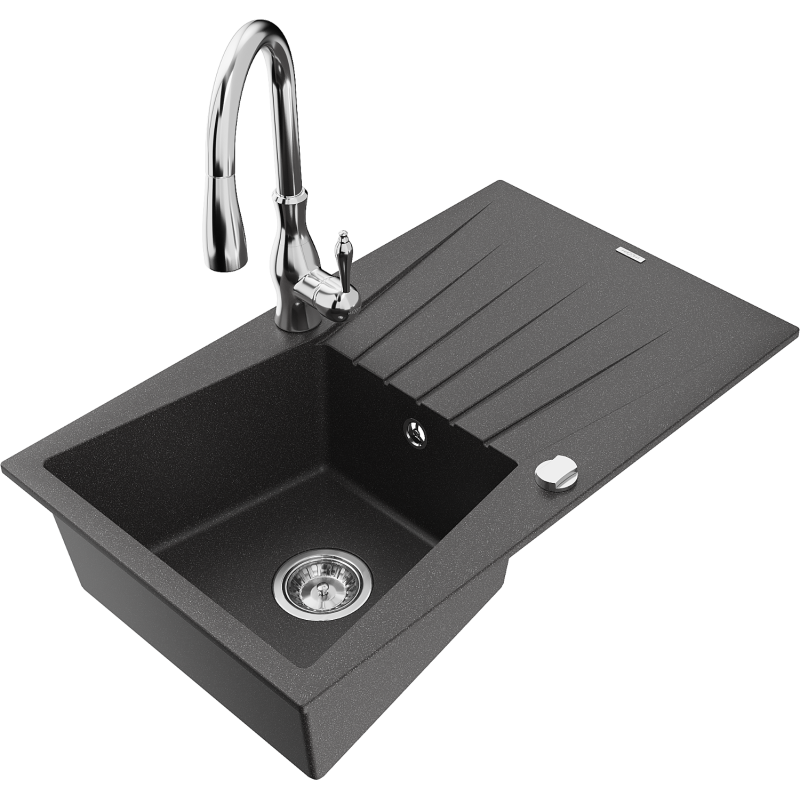 Mexen Cesar single-bowl granite sink with drainer and Savita kitchen tap, speckled black - 6514-76-672601-00