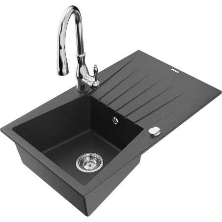 Mexen Cesar fregadero de granito de 1 cubeta con escurridor y grifo de cocina Savita, negro moteado - 6514-76-672601-00